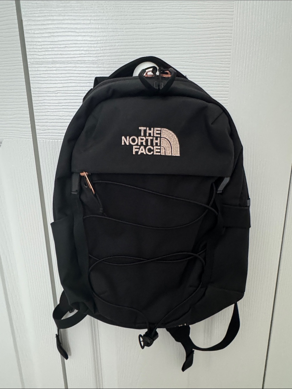 The North Face Black Mini Borealis Backpack with Rose Gold Logo